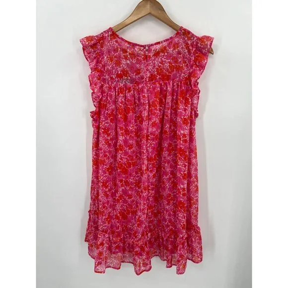 Umgee Women Size Large Pink Floral Metallic Flutter Sleeve Dress NWT - Picture 2 of 10